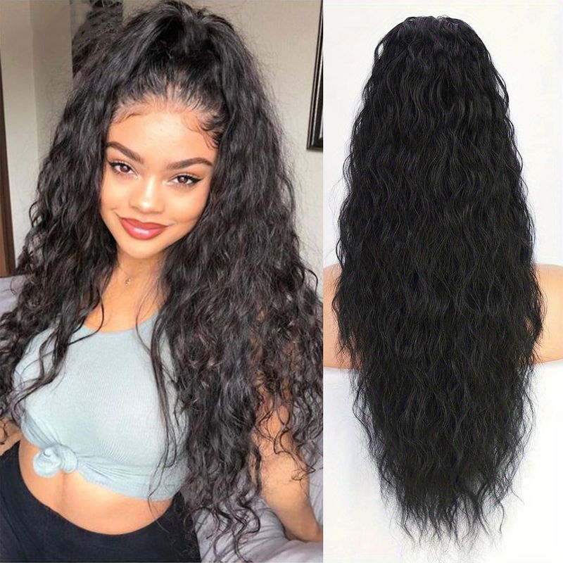 26inch long chemical fiber ponytail wig hair extension drawstring elastic net natural fluffy water ripple corn perm wig braid_voghion.com