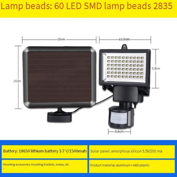 HDH Güneş Enerjili Hareket Sensörlü Projektör, 60 LED'li, IP65 Su Geçirmez Dış Mekan Güvenlik Işığı, Bahçe, Yol, Merdivenler İçin_voghion.com