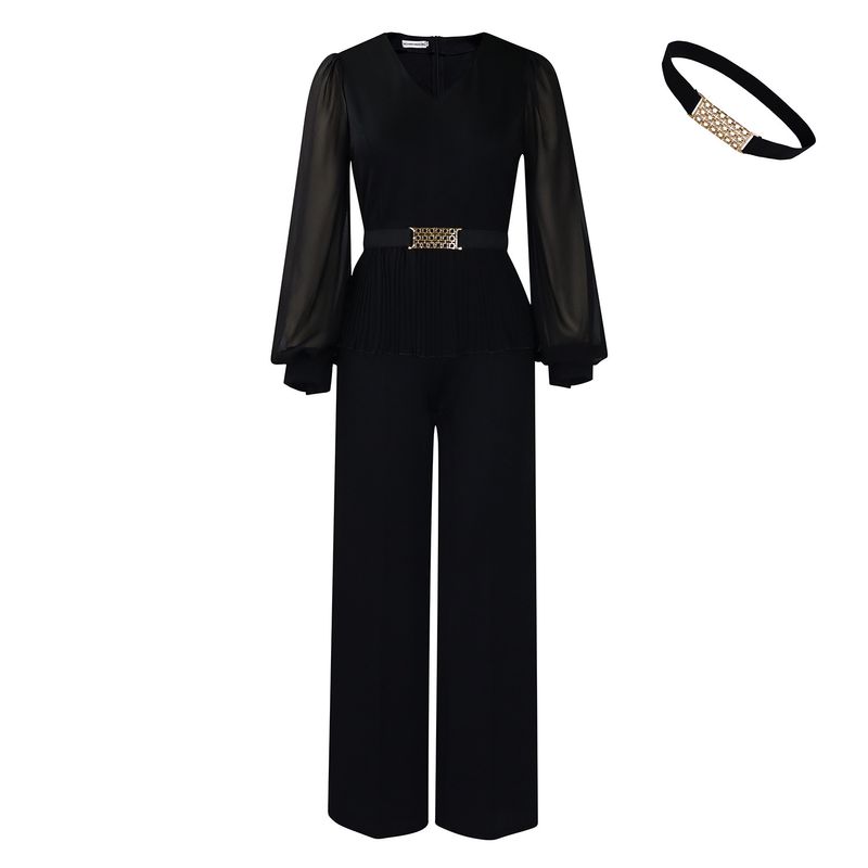 Women's Clothing New Ol Fashion Tongle Long Sleeved Top Wide Leg Pants Suit Two Piece Suit_voghion.com