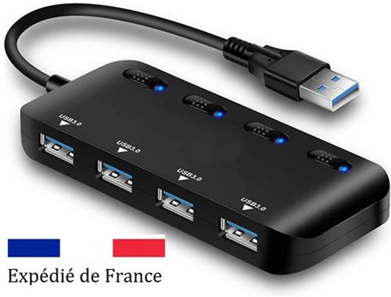 Répartiteur Hub USB USB 3.0 4 ports haute vitesse (5 Go) avec interrupteur indépendant et LED, tous droits réservés_voghion.com