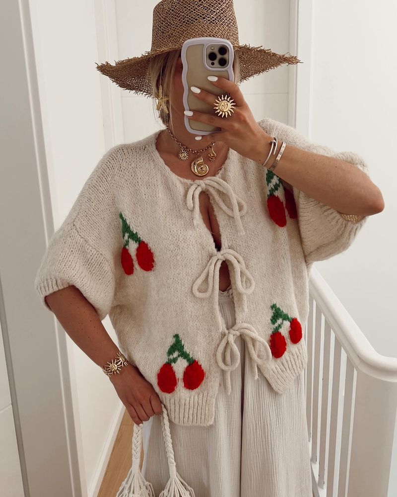 Damen-Strickjacke mit offener Vorderseite, Bindegürtel, Kirschdruck, trendiger, süßer Freizeitpullover_voghion.com