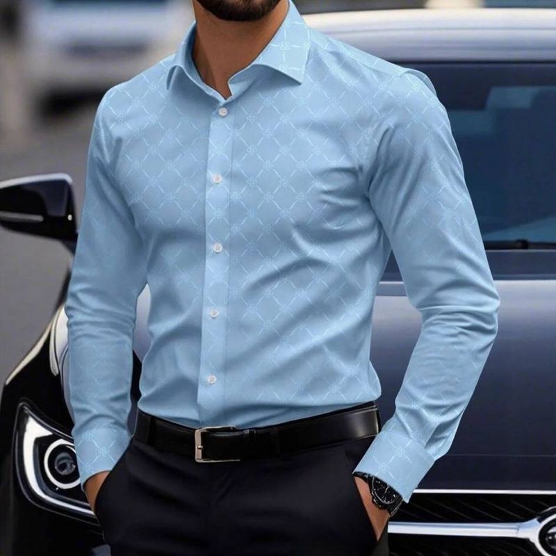 Men's Clothing Diamond Blue Printed Shirt High End Casual Lapel Tops_voghion.com