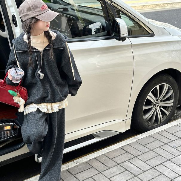 Korean-Style Fleece Hoodie Set For Girls – Cozy Winter Loungewear With Hooded Top & Jogger Pants, Soft Cotton Blend (130-170cm)_voghion.com