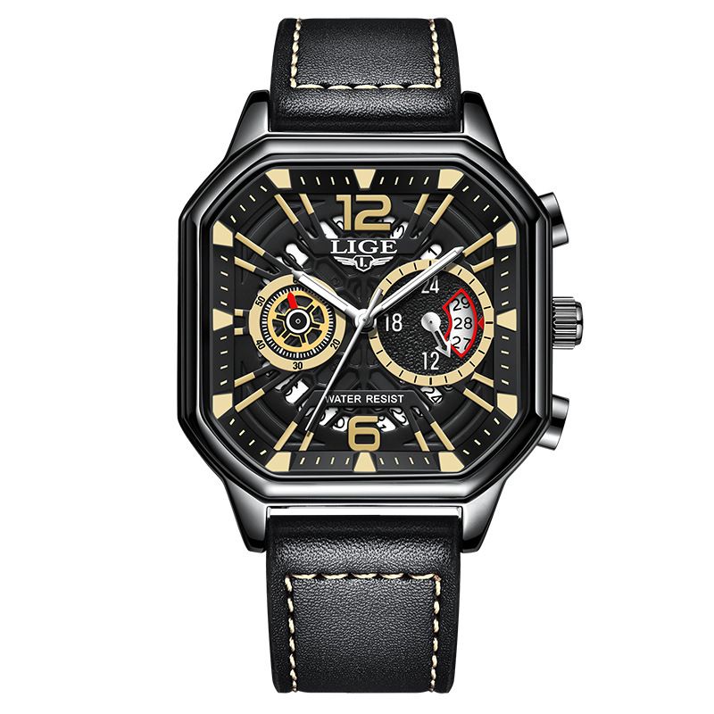 Men's Waterproof Quartz Watch With Multifunction Calendar, Luminous Hands, Skeleton Dial, And Leather Strap – Stylish And Durable For Everyday Wear_voghion.com