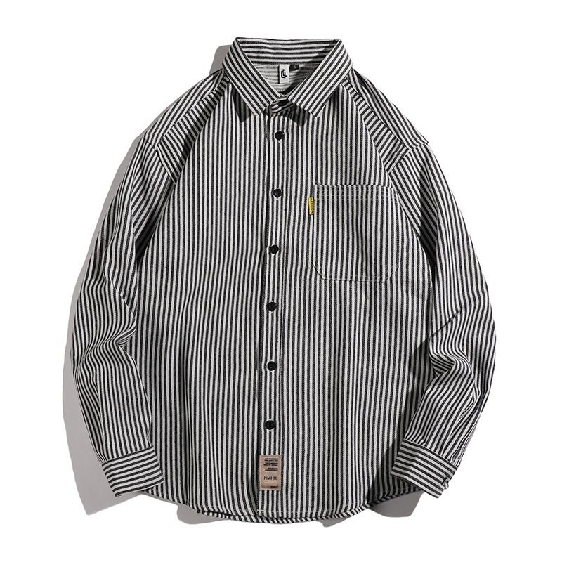 Camisa listrada masculina de manga comprida, cardigan casual para negócios, corte slim, sem permanente, moda_voghion.com