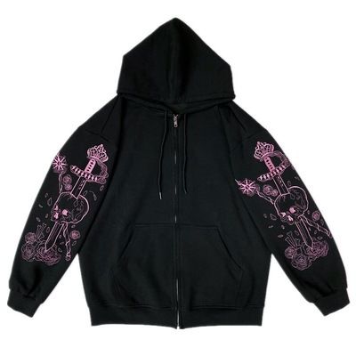 Zipper Korean Style Dark Long Sleeve Plus Size Hooded Sweatshirt Y2K Cute Girl Jacket_voghion.com