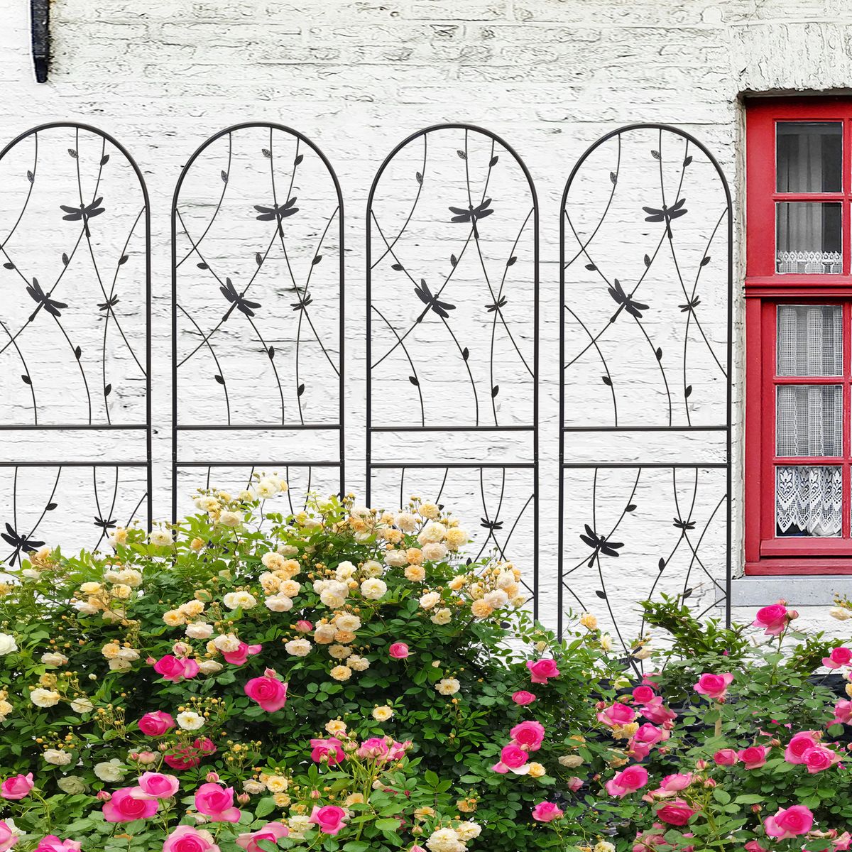 4 Pack Metal Garden Trellis 71" X 19.7" Rustproof Trellis For Climbing Plants Outdoor Flower Support Dragonfly Deco Black_voghion.com