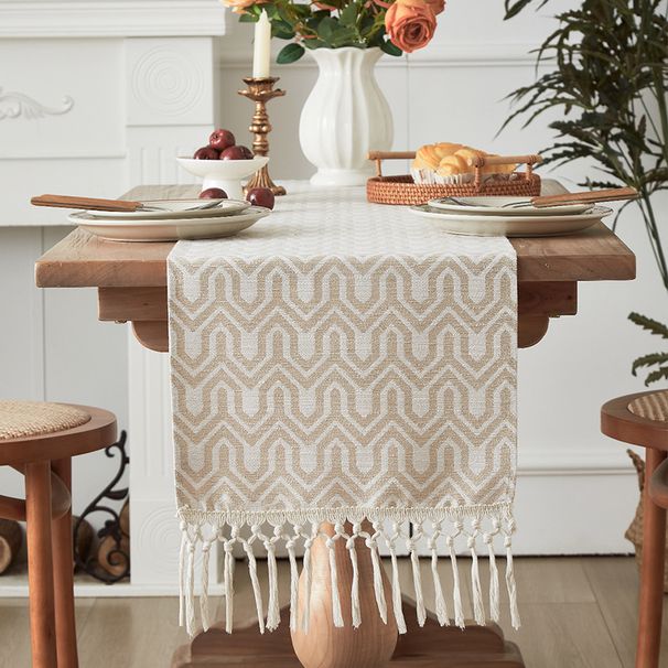Couchtisch Kontrastmuster Garngefärbter Tischläufer Beige Wellenquaste Gewebte Tischdecke_voghion.com