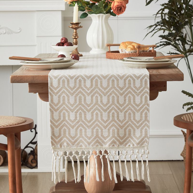 Coffee Table Contrasting Pattern Yarn Dyed Table Runner Beige Wave Tassel Woven Tablecloth_voghion.com