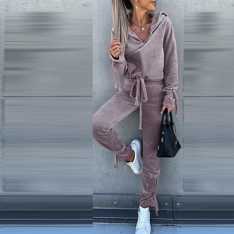 Zweiteiliges Set für Damen im Herbst, lässig, langärmelig, einfarbig, mit Kapuze, Sweatshirt, Haremshose_voghion.com
