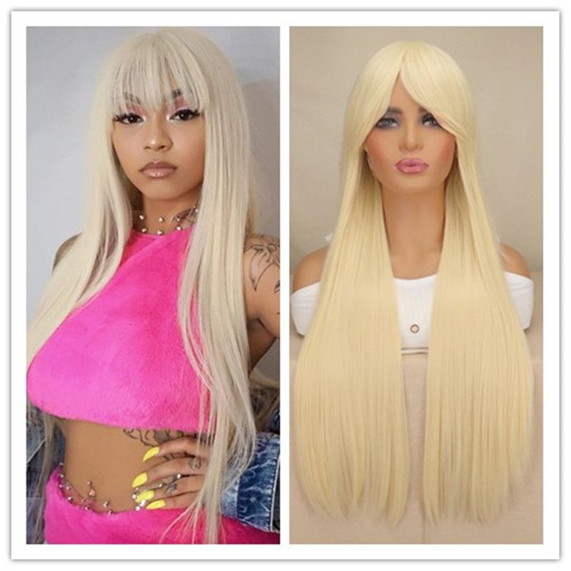 forró eladású szintetikus szőke hosszú egyenes frufru fehér fekete nőknek mindennapi használatra cosplay parókák_voghion.com