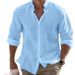 Men's Linen Button Up Beach Shirt, Long Sleeved Plain Collar, Spring And Summer Casual Daily Clothing_voghion.com