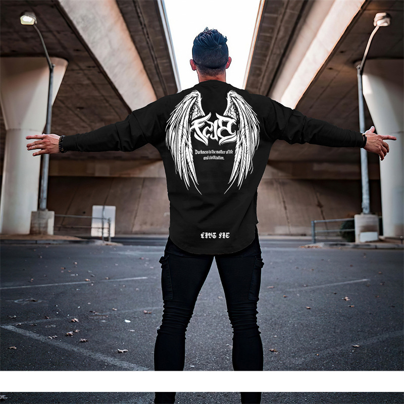 Herrenbekleidung Schlankes Herren-T-Shirt mit großem Flügel-Aufdruck, lässiges, langärmliges, lockeres, atmungsaktives Oberteil mit Rundhalsausschnitt_voghion.com