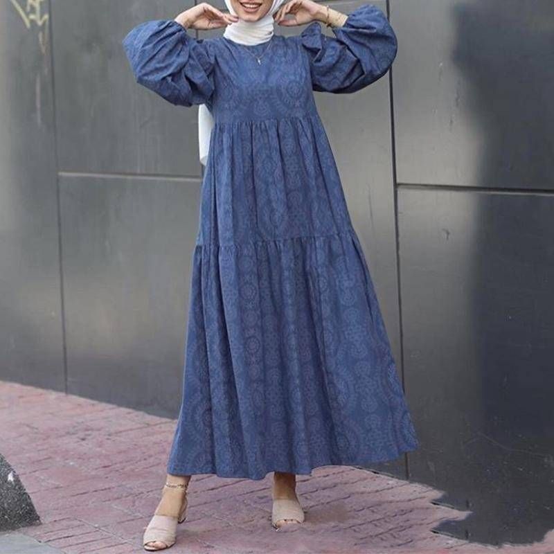 Women's Clothing New Muslim print pattern round neck pullover loose casual dress_voghion.com