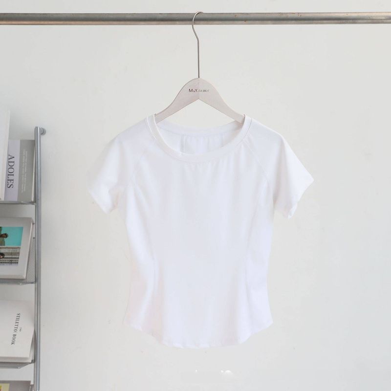 Damenbekleidung Lulu Same StyleNude Mesh Splicing Yoga Kurzarm Sport T-Shirt Rundhals Fitnesskleidung Enge, schnell trocknende Tenniskleidung_voghion.com