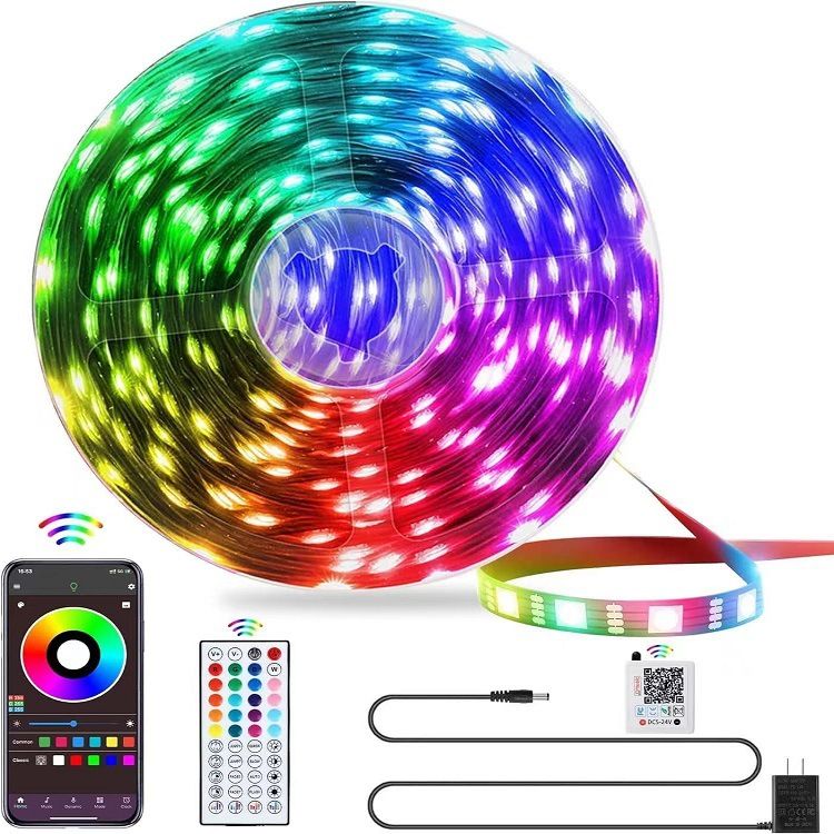 Inteligentne paski świetlne LED RGB 24 V z Bluetooth i 44-przyciskowym pilotem na podczerwień – 16 diod LED/m, 3535 SMD, 10 lm/dioda, synchronizacja z muzyką, certyfikat CE (10 m/15 m/20 m/30 m/40 m)_voghion.com