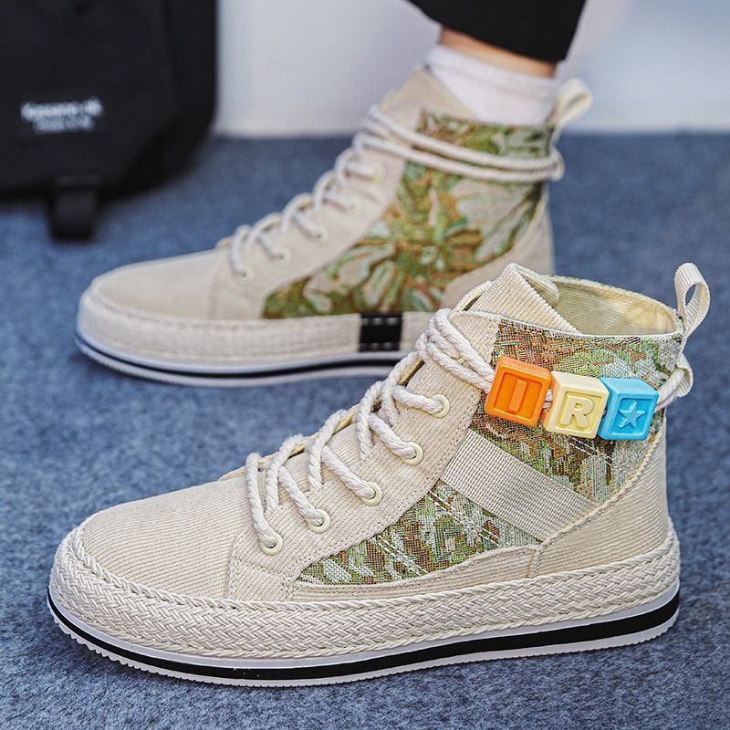 High top men's straw woven board students youth autumn breathable cloth men leisure sports shoes 2023 new style_voghion.com