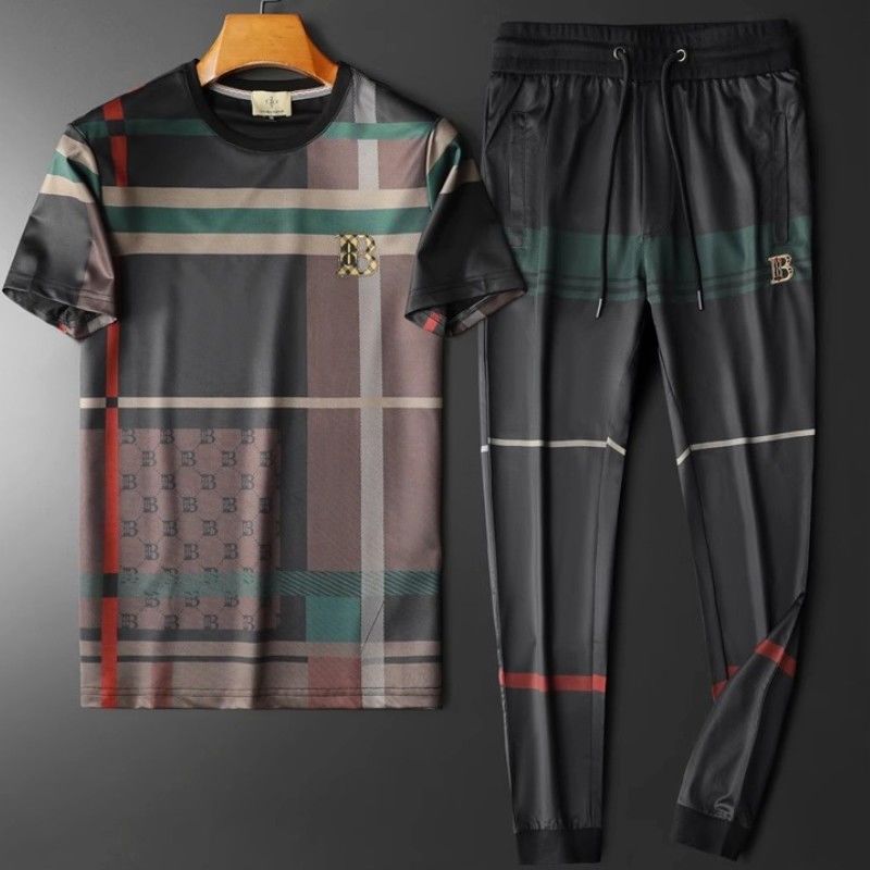 Leichtes, luxuriöses High-End-Sport-Set für Herren im trendigen Karomuster, zweiteiliges Sommer-Set mit kurzen Ärmeln und langen Hosen_voghion.com