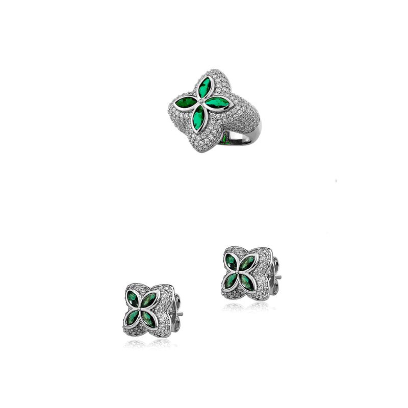 Anelli a forma di fiore, anello da uomo, hip hop, micro intarsiato, anello a quadrifoglio con zirconi, set di orecchini_voghion.com