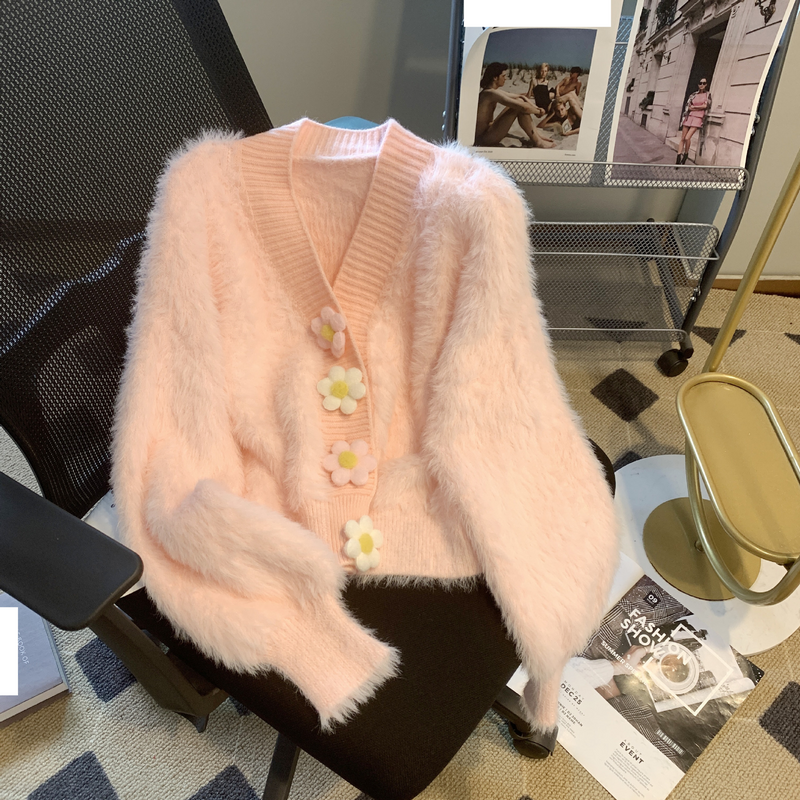 Roupas femininas Cardigan de malha de lã de vison macio e glutinoso outono e inverno novo estilo suave flor tridimensional gola v suéter jaqueta_voghion.com