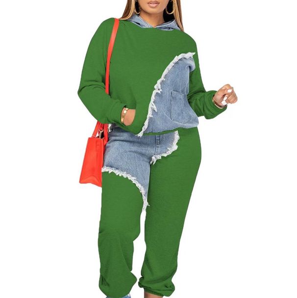 Damenbekleidung Frühjahr Neue Damenmode Denim Stitching Zipper Langarm Zweiteiliges Set_voghion.com