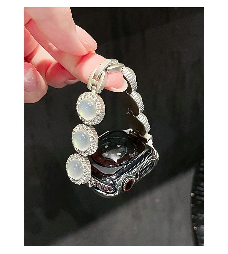 Elegante cinturino in metallo con zaffiro trasparente tempestato di diamanti compatibile con iWatch e altri orologi_voghion.com