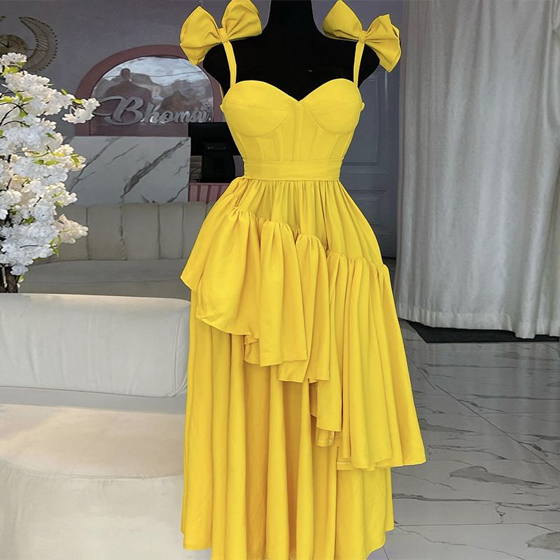 Roupas femininas primavera novo arco sling v pescoço babado vestido_voghion.com