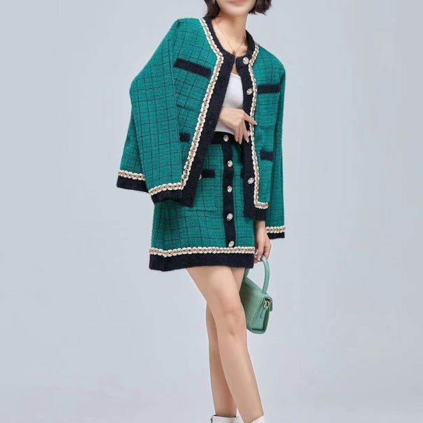 Női ruházat új, csúcskategóriás tweed zakó, magas derekú szoknya, kétrészes kosztüm_voghion.com