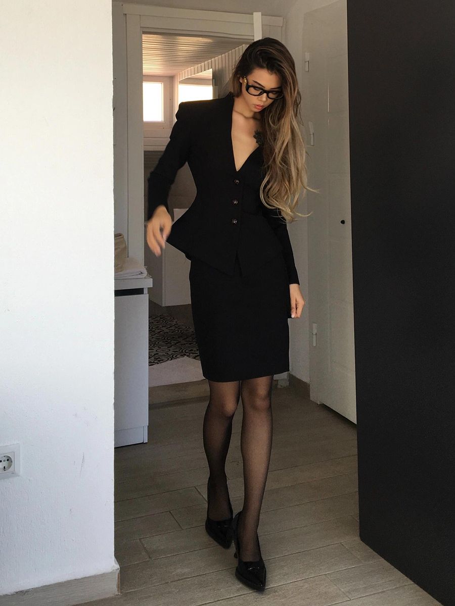 Modischer, intellektueller Slim Fit, eleganter schwarzer Anzug, V-Ausschnitt, Blazer, figurbetonter Rock, zweiteiliges Set für Damen_voghion.com