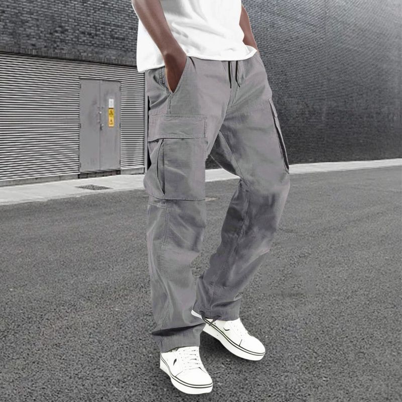 New 2024 Trousers For Men Full Length Solid Color Loose Multi-Pocket Drawstring Pockets Male Cargo Pants_voghion.com