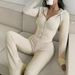 Light Beige Ribbed Hooded Zipper Design Casual Fashion Two-Piece Set_voghion.com
