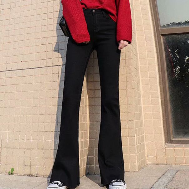 Nova primavera e outono estilo Hong Kong Fat mm Cowboy com micro chifre jeans para mulheres, cintura alta, aparência skinny, drapeado_voghion.com