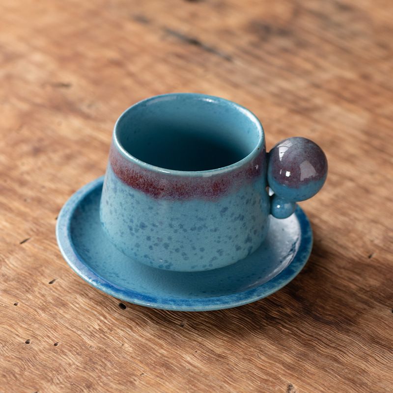 Creative Ceramic Coffee Cup and Plate Set Round Ball Mug Retro Kiln Transformation Water Cup Afternoon Tea Coarse Ceramic Cup_voghion.com