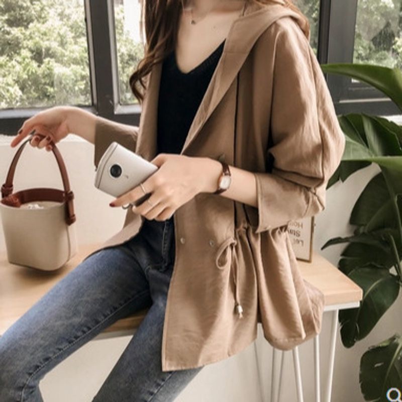 2024 early spring new Korean version loose BF hooded drawstring windbreaker women's mid to slim fit long sleeved_voghion.com