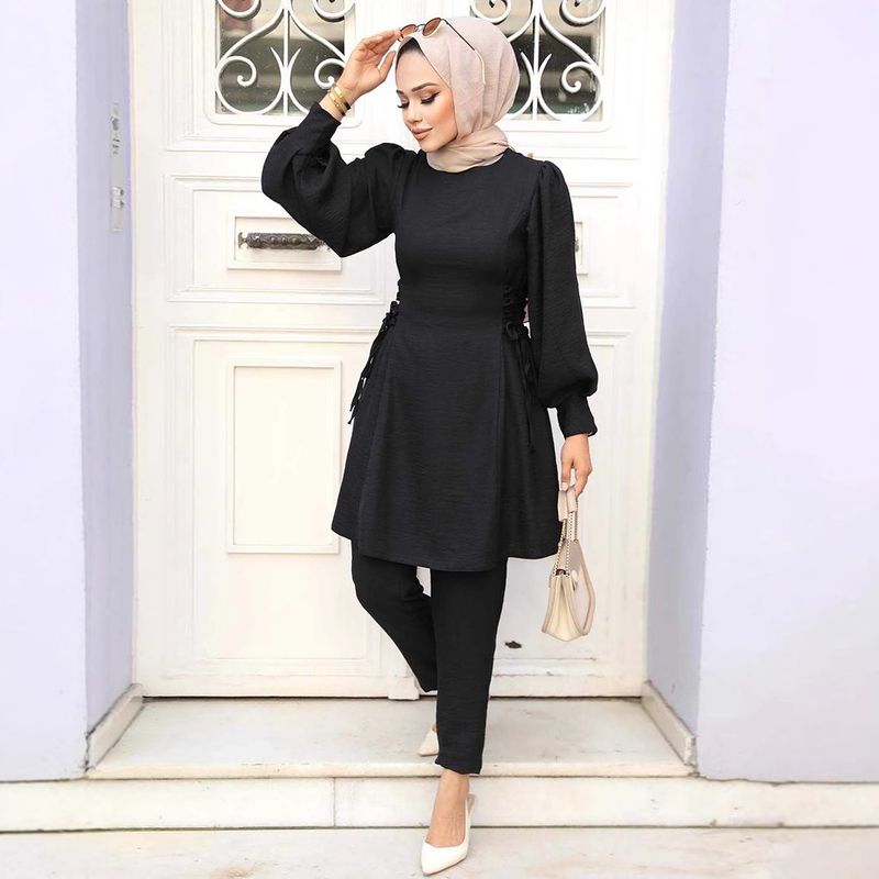 2025 New Women's Abaya Two Piece Set Middle East Arab Straps Long Lantern Sleeves Tops + Pants Casual Suit Set Elegant Female_voghion.com