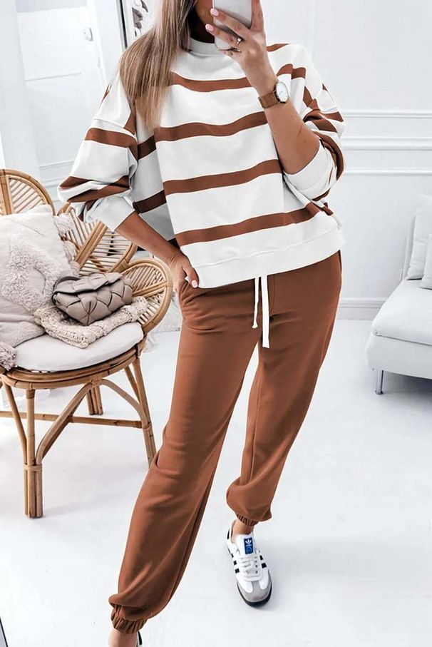 Women's Casual Striped Sweatsuit Set – Long Sleeve Hoodie & Jogger Pants, Winter 2025 Trendy Two-Piece Outfit (Multiple Colors)_voghion.com