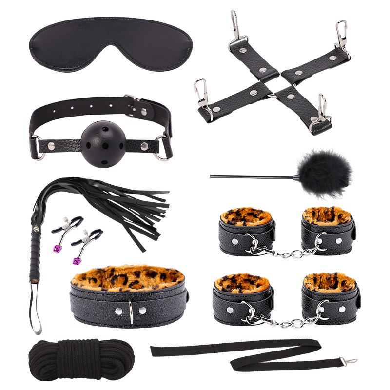 Fournitures sexuelles, accessoires SM imprimés léopard, ensemble de dix pièces de bondage, sangles de lit sexuel_voghion.com