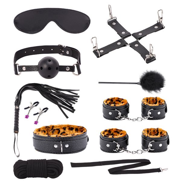 Fournitures sexuelles, accessoires SM imprimés léopard, ensemble de dix pièces de bondage, sangles de lit sexuel_voghion.com