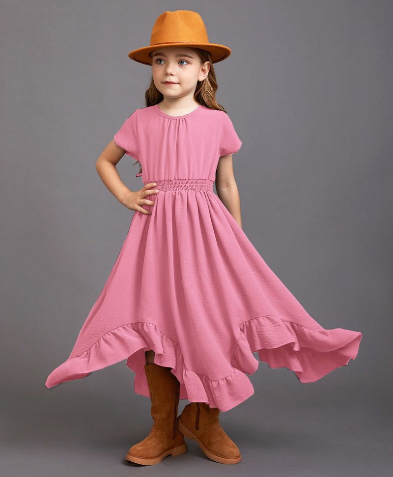 Robe d'été à bretelles dos nu en coton et lin pour mère et fille, couleur unie, pour enfants de taille moyenne et grande, robe de soirée irrégulière à manches courtes_voghion.com