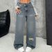 Women's Distressed Blue Jeans - Relaxed Straight Leg Wide Fit Denim Pants With Diagonal Button Design For Casual Wear_voghion.com
