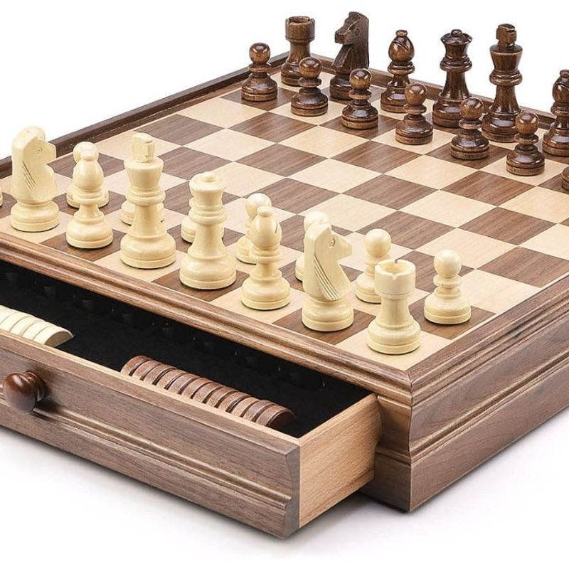Jeu de dames en noyer, style tiroir, boîte d'échecs en bois massif haut de gamme / WOODEN CHE_voghion.com