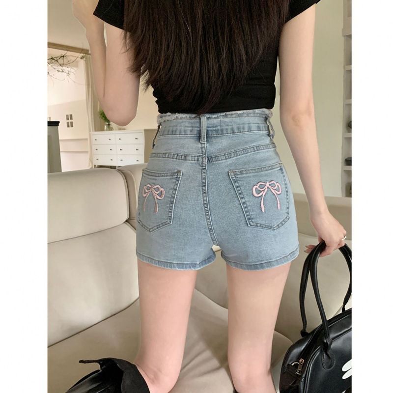 Women's Clothing  Summer Elastic Hip Skirt Bow Embroidered Denim Shorts Small High Waist A Line Straight Pants Shorts For Women_voghion.com