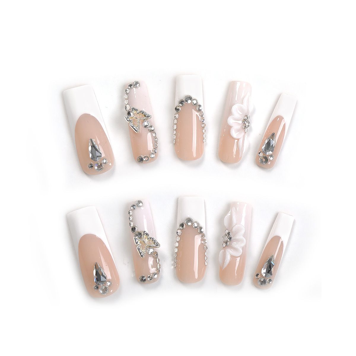 Ongles longs faits main en diamant de tempérament français avec fleurs et papillons, produits de haute qualité_voghion.com