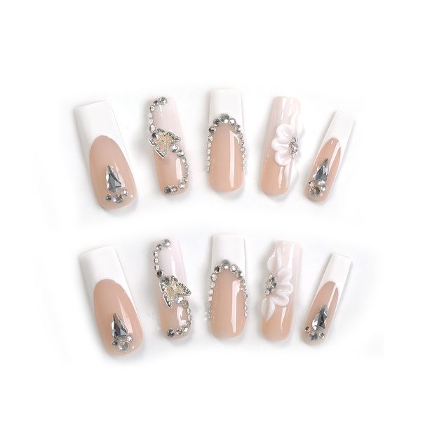 Ongles longs faits main en diamant de tempérament français avec fleurs et papillons, produits de haute qualité_voghion.com