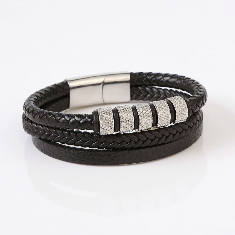 Bracciale da uomo in pelle zigrinata con cilindro in acciaio inossidabile a doppio strato, creativo e alla moda, intrecciato con corda semplice_voghion.com