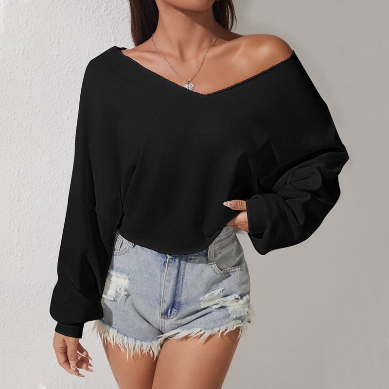 Elegante e intellettuale stile t-shirt ampia autunno inverno scollo a V versatile snellente design a spalle scoperte_voghion.com