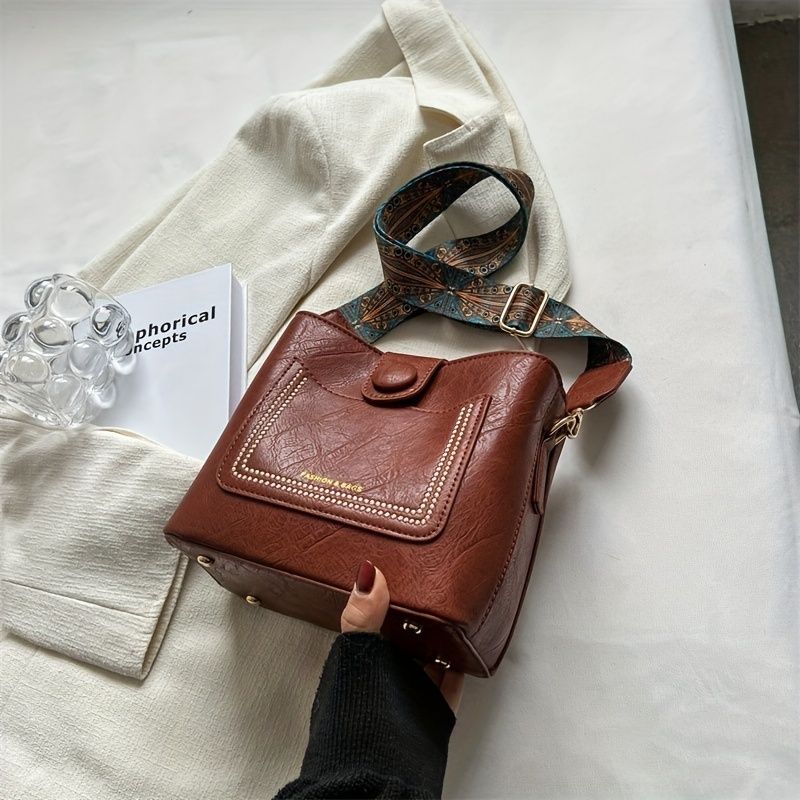 Vintage Minimalistische Bucket Schultertasche in Volltonfarbe, Mini Umhängetasche und Geldbörse für Damen_voghion.com