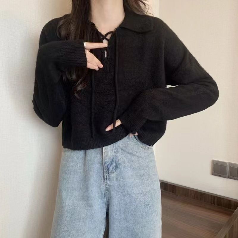 Sweater women's spring new Korean version lace up short style pullover, stylish interior with polo collar, simple base_voghion.com