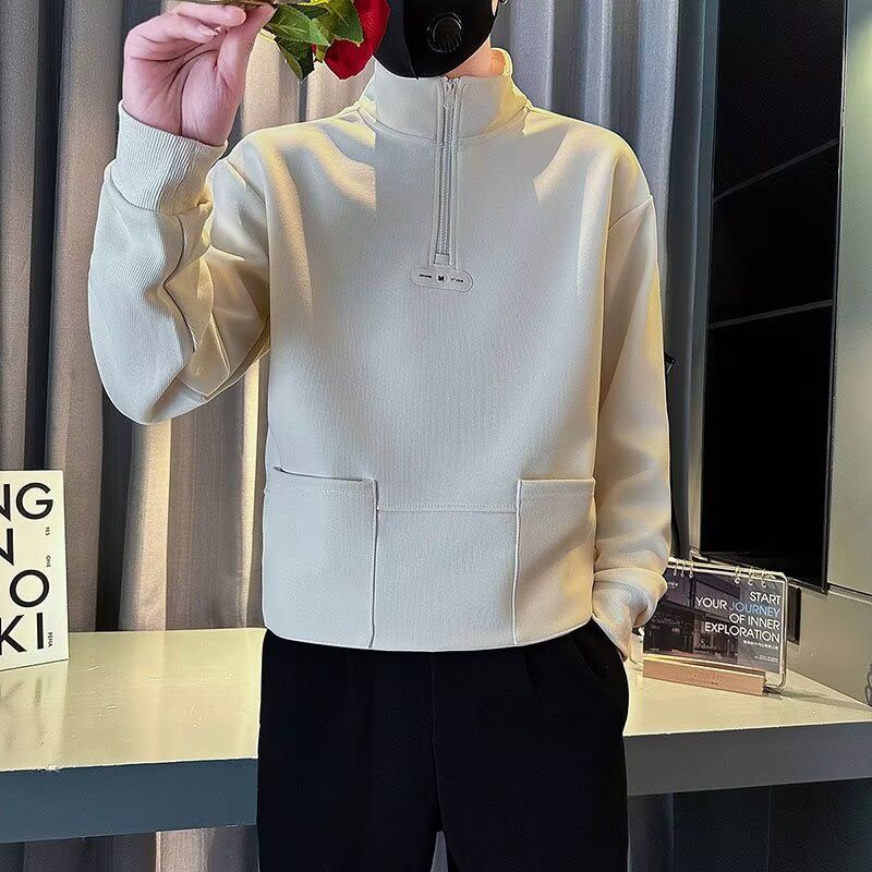 Handsome Stand Up Collar Sweatshirt For Men, Trendy Half Zip Top, Men's Inner Layer Bottom Shirt_voghion.com