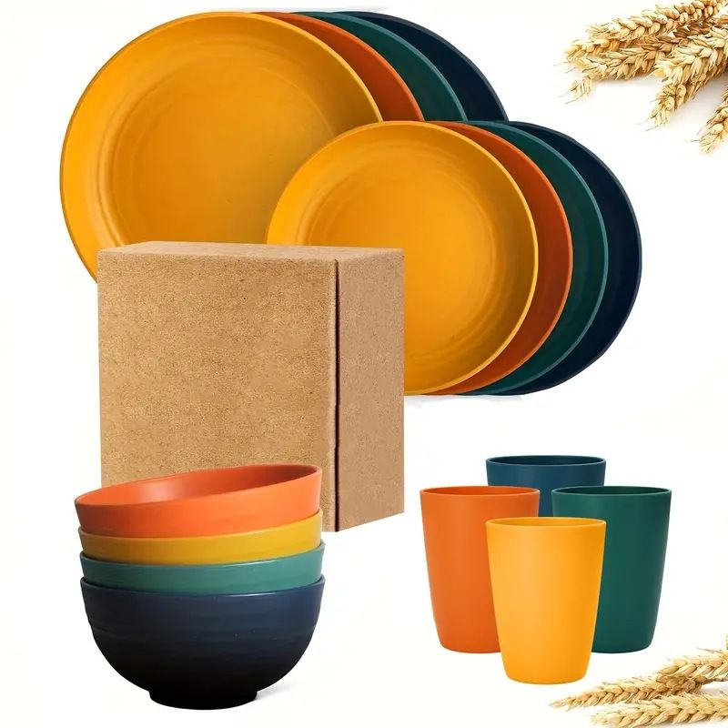16/32-delige keuken plastic tarwestro serviesset, servies voor 8 personen, dinerborden, dessertbord, ontbijtgranenkommen, kopjes, kleurrijk plastic, veelkleurig_voghion.com